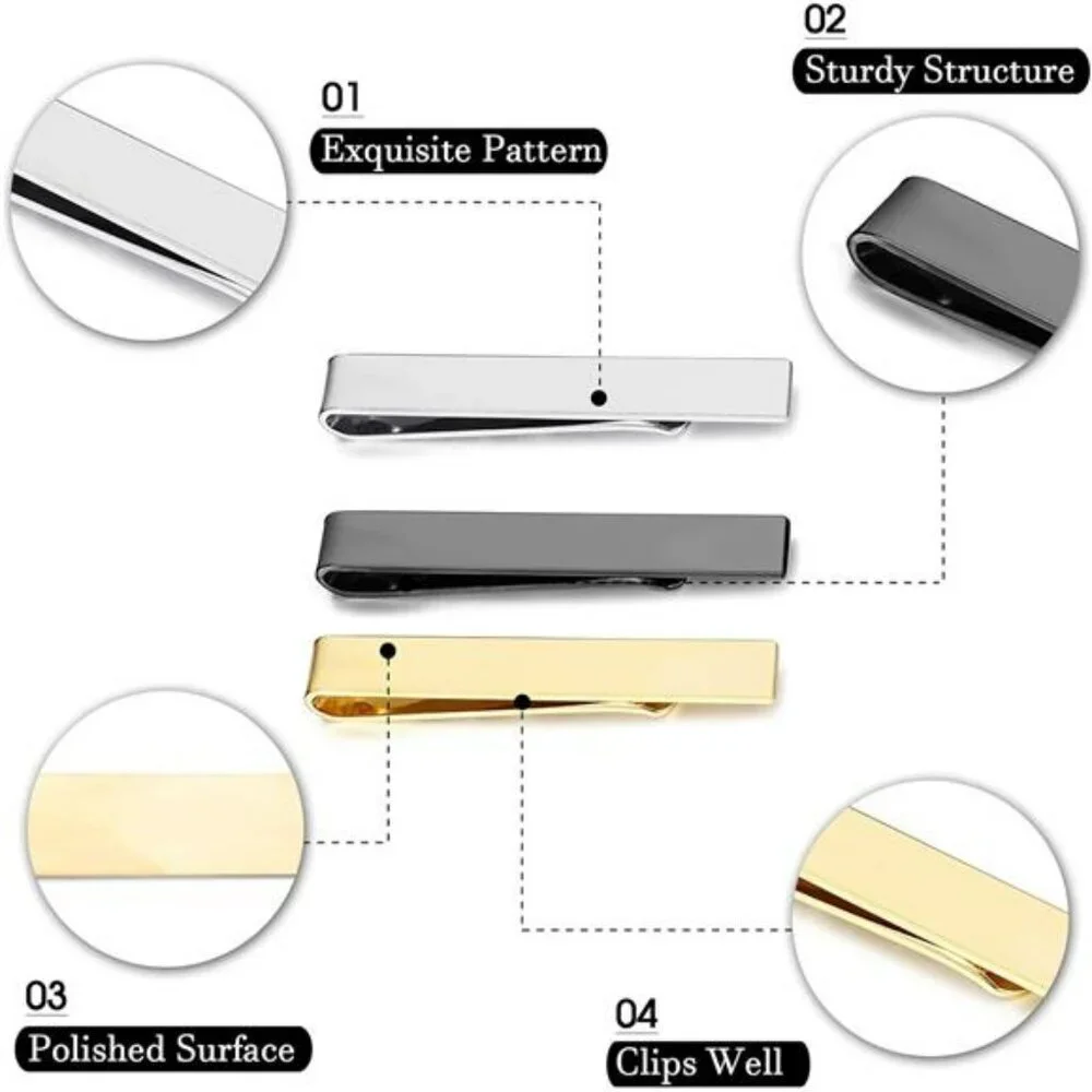 Mens Tie Clip Set Silver Gold Black Bar Clips Wedding Business Formal Gift